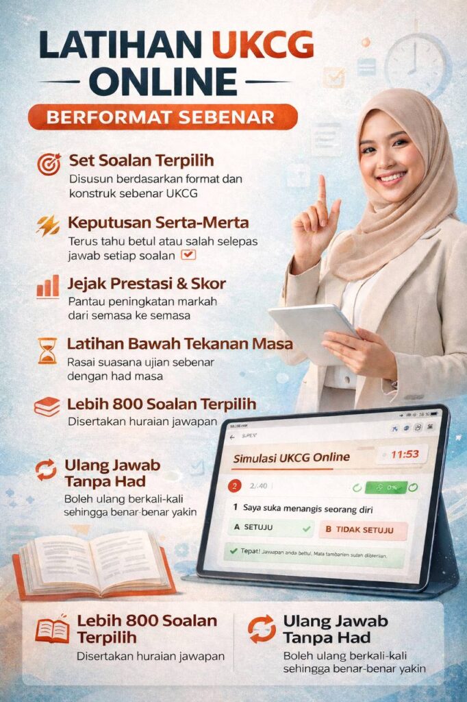 simulasi latihan UKCG online format sebenar dengan lebih 800 soalan terpilih dan huraian jawapan